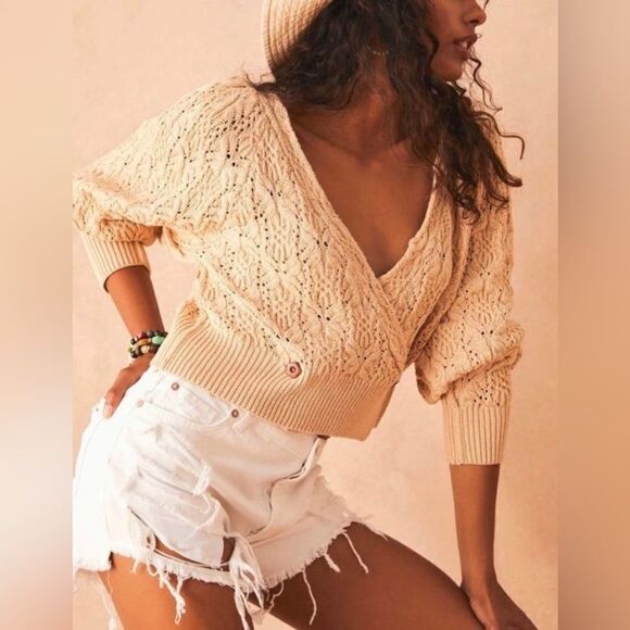 FREE PEOPLE Sweater Womens XS Cream Olive You Cardi Ecru Chunky Knit Dolman - Picture 2 of 14